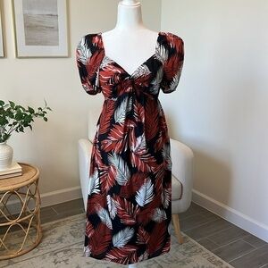 J. Crew Tropical Summer Puff Sleeve Twist Front Smocked Back Midi Dress Size 2